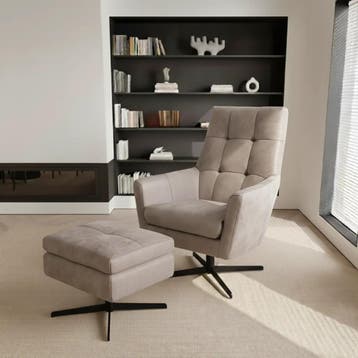 Leren draaifauteuil Central - met hocker - Kenia Lightgrey, Nieuw, Ophalen of Verzenden, 75 tot 100 cm, Leer