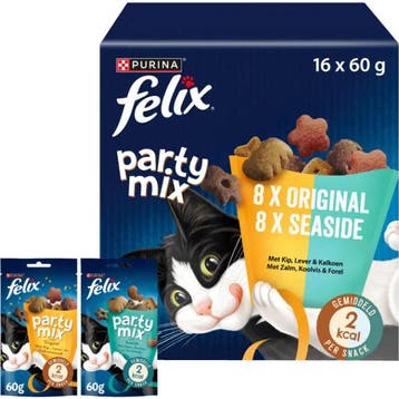 Felix Party Mix Original / Seaside kattensnoep 16 x 60 g, Verzenden, Nieuw