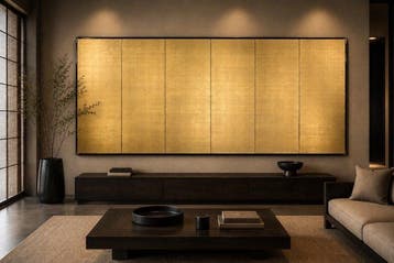 Een Japanse gouden zijde zesdelige bybu () vouwscherm. -