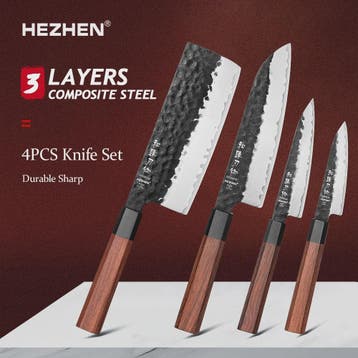 HEZHEN Keukenmes Set 4-delig - 3-laags Composiet Staal, Sant, Huis en Inrichting, Verzenden, Nieuw