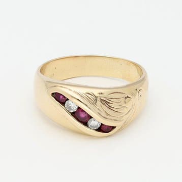 Ring - 14 karaat Geel goud Robijn - Diamant, Nieuw