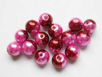 15 x Tweekleurige glasparels 10 mm – gat 1 mm – roze/roo, Ophalen of Verzenden, Nieuw, Kraal