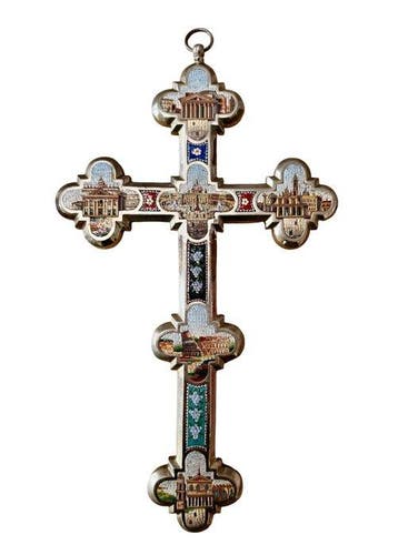 Crucifix - Metaal en glas - 1850-1900 - Grand tour mozaïek -