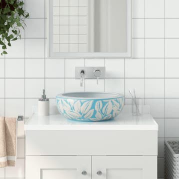 vidaXL Opzetwasbak rond 41x14 cm keramiek wit en blauw, Verzenden, Nieuw