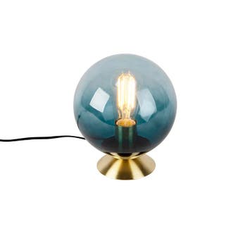 Art deco tafellamp messing met oceaanblauw glas - Pallon, Verzenden, Nieuw, Glas
