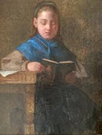 Julius Magnus Petersen (1827-1917) - Girl reading a Bible,, Antiek en Kunst