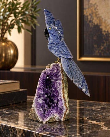 Rare piece - Handgesneden blauw natuurstenen papegaai op