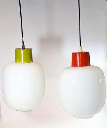 Plafondlamp - Opaline glas - Twee hanglampen