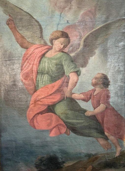 Italiaanse school (XIX) - L Angelo custode (fronte) e, Antiek en Kunst, Kunst | Schilderijen | Klassiek