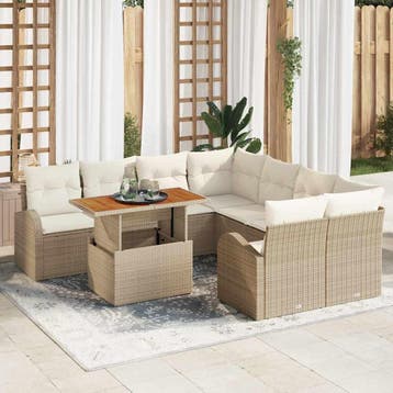 vidaXL Tuin Sofa Set 9 st Beige Poly riet, Verzenden, Nieuw, Rotan, Meer dan 8 zitplaatsen