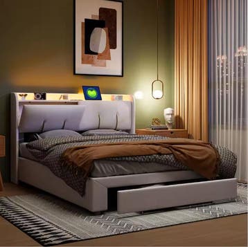 Linnen Opbergbed 140x200 cm met LED Hoofdbord en USB-poorten, Huis en Inrichting, Slaapkamer | Bedden, Verzenden, Nieuw