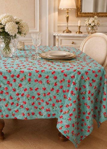 Pop Art-tafelkleed voor grote tafels. Aquamarijn en kersen.