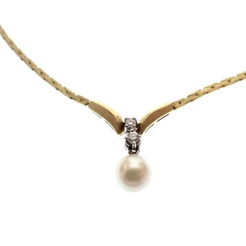 Gouden gematteerde damescollier met parel en diamanten; 0..., Gebruikt, Ophalen of Verzenden, Met edelsteen, Goud