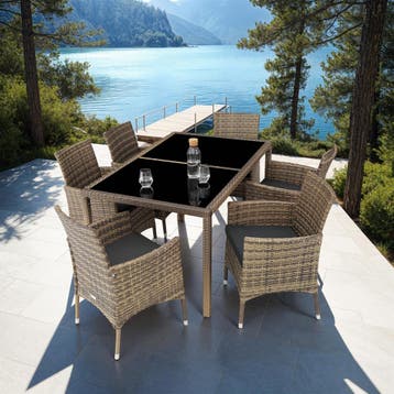 Wicker zitgroep Porto 6+1 met beschermhoes - natuur/donkergr, Verzenden, Nieuw