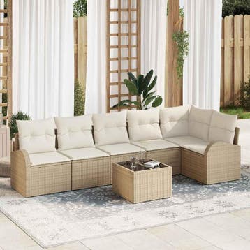 vidaXL Tuinbankenset 7 st Beige en Wit poly rattan, Verzenden, Nieuw, 7 zitplaatsen