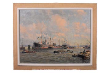 Havengezicht - G. de Jong (XX), Maritiem / water, Doek, Ophalen of Verzenden, Olieverf