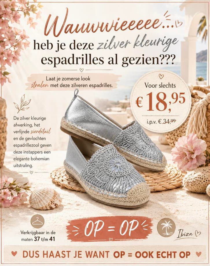 ACTIE  Zilveren espadrilles met sierlijk borduurdetail, Kleding | Dames, Schoenen, Espadrilles of Moccasins, Overige kleuren, Nieuw