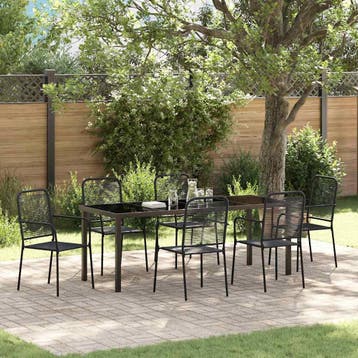 vidaXL Tuin eettafelset 7 st Zwart Gepoedercoat staal, Verzenden, Nieuw, 7 zitplaatsen