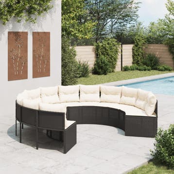 vidaXL Tuinbank met kussens rond poly rattan zwart, Verzenden, Nieuw