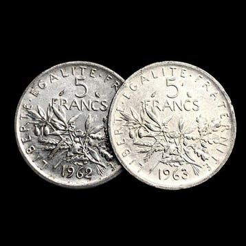 Frankrijk. Silver 2x 5 Francs (Semeuse) Coins 1962/1963