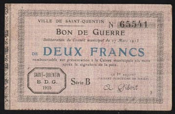 France 02 Saint-quentin Bon De Guerre 2 Francs 27/03/1915, Verzenden
