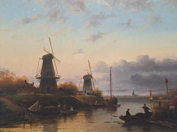Fred Arends (1949) - Windmolens langs een rivier bij, Antiek en Kunst
