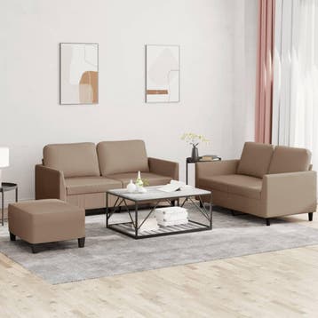 vidaXL 3-delige Loungeset met kussens kunstleer cappuccino, Verzenden, Nieuw, Leer, Minder dan 150 cm