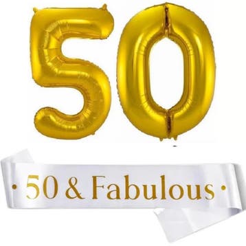 50 & Fabulous set vrouw met sjerp, ballonnen en een strik, Ophalen of Verzenden, Nieuw, Versiering, Abraham of Sarah