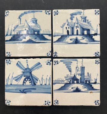 Tegel - Antieke Delfts blauwe tegels met kastelen, boerderij