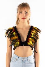 Top met Veren Geel Rood XS S M Verentop Steampunk Topje Veer, Kleding | Dames, Ophalen of Verzenden, Nieuw, Carnaval, Kleding