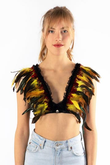 Top met Veren Geel Rood XS S M Verentop Steampunk Topje Veer, Ophalen of Verzenden, Nieuw, Carnaval, Kleding