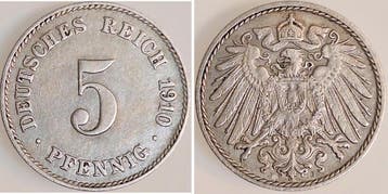 Duitsland 5 Pfennig 1910 J J 012 ss/vz selten, Verzenden