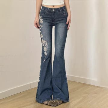 Dames Jeans met Retro Bloemenborduurwerk - Y2k Stijl Flared, Verzenden, Nieuw
