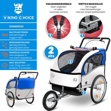 Fietskar Blauw | Verstelbare Duwstang | OP=OP, Vering, Nieuw, Ophalen of Verzenden, Kinderkar