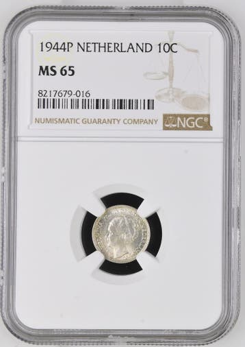 Koningin Wilhelmina 10 cent 1944 EP MS65 NGC gecertificeerd, Verzenden, Zilver, 10 cent, Koningin Wilhelmina