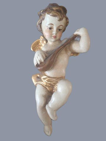 Snijwerk, Holzfigur - farbiger Engel mit Mandoline -