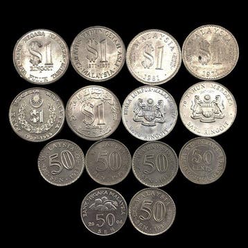 Maleisië. 50 Sen, 1 Ringgit 1961/2004, Lot with 14 coins
