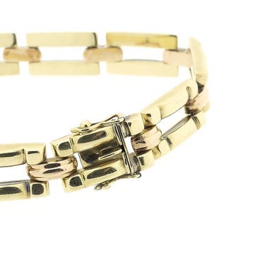 Bicolor gouden Bismarck schakelarmband, Ophalen of Verzenden, Gebruikt, Goud, Goud