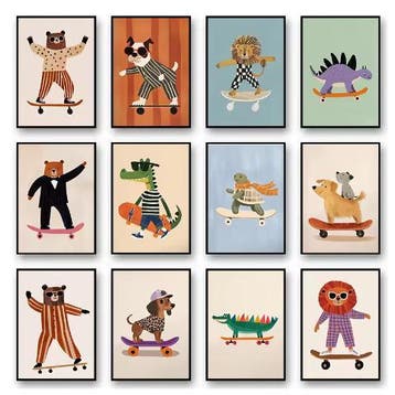Grappige Dieren Canvas Poster –Kinderkamer Skateboard Dieren, Verzenden, Nieuw