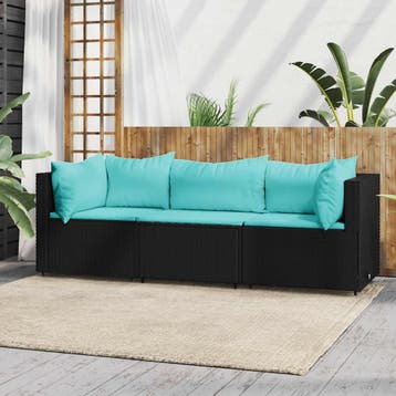 vidaXL 3-delige Loungeset met kussens poly rattan zwart, Verzenden, Nieuw, Loungeset