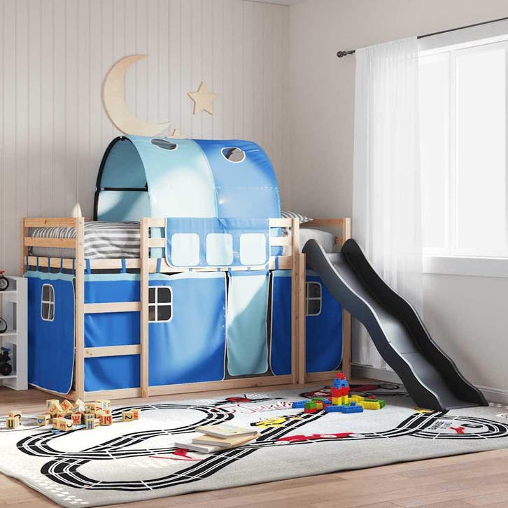 vidaXL Stapelbed met glijbaan en gordijnen blauw 80x200 cm, Huis en Inrichting, Slaapkamer | Bedden, 80 cm, 200 cm, Blauw, Eenpersoons