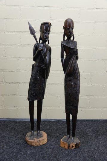 sculptuur, Houten beelden Afrikaanse jagers - 60 cm - Hout, Antiek en Kunst