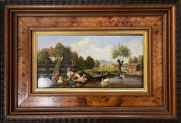 Jürgen Hempel “Hühnerhempel” - “Federvieh am Teich”, óleo, Antiek en Kunst