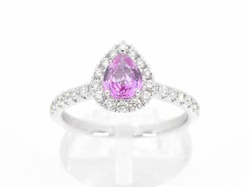 Witgouden entourage ring met een roze saffier, Nieuw