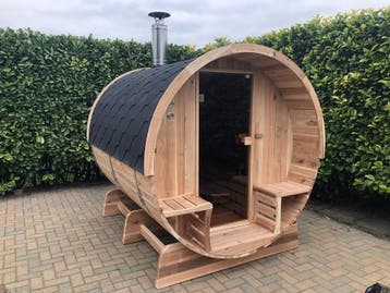 Buitensauna Barrelsauna | TR270 Halfglas | 6 pers | Showroom, Sport en Fitness, Ophalen of Verzenden, Nieuw, Fins of Traditioneel