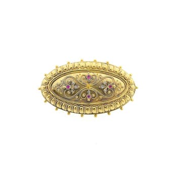 Antiek gouden Victoriaanse broche met robijn en diamanten..., Sieraden, Tassen en Uiterlijk, Broches, Gebruikt, Overige kleuren