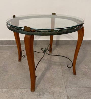 Salontafel - Hout, Glas, Messing - Houten structuur,, Antiek en Kunst