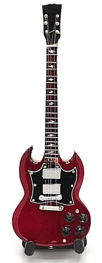 Baby miniatuur replica Gibson SG gitaar 15 cm A. Young AC/DC, Ophalen of Verzenden, Nieuw, Pop, Beeldje of Miniatuur