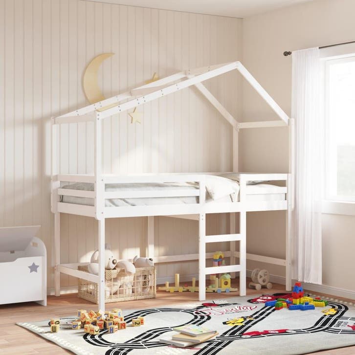 vidaXL Halfhoogslaper met ladder en bedhuis grenenhout wit, Huis en Inrichting, Slaapkamer | Bedden, 90 cm, 190 cm of minder, Wit