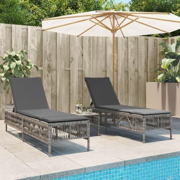 vidaXL Ligbedden 2 st met tafel poly rattan grijs, Tuin en Terras, Verzenden, Nieuw